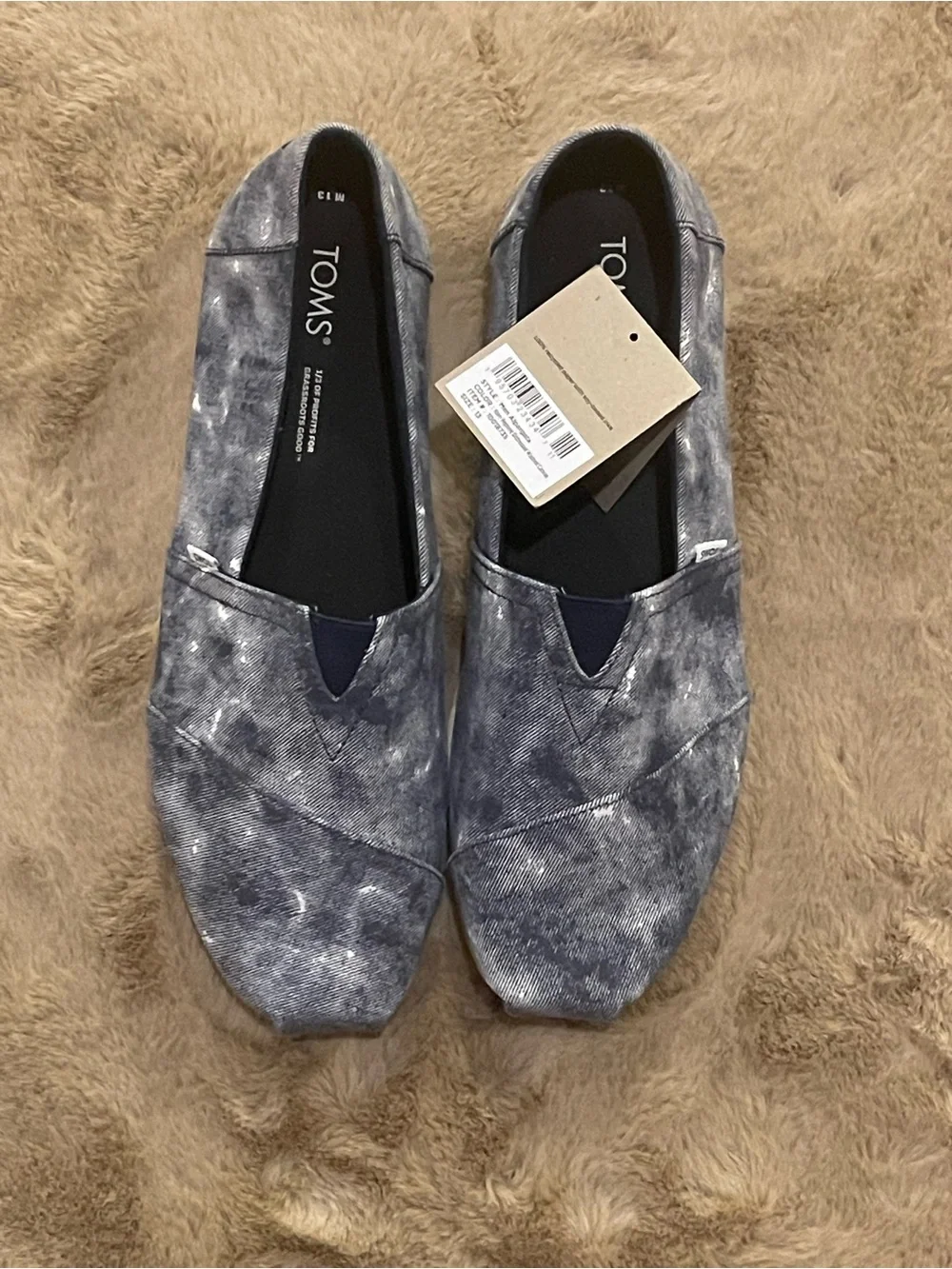 TOMS MENS 13 NAVY DENIM WHITEWASHED SHOES LIKE NEW WITH TAG FLATS ALPARGATA